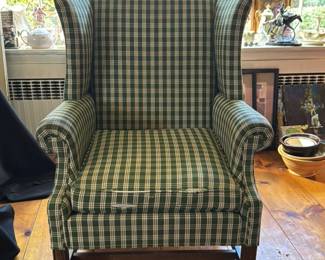 Plaid wing back chair 