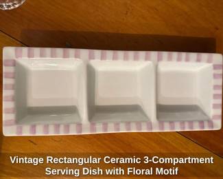 Vintage Rectangular Ceramic 3 Compartment Serving Dish with Floral Motif 