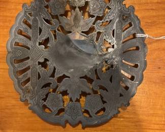 Antique Silver Plated Trivet with Peacock Motif 