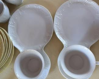 Vintage White Porcelain Demitasse Cups and Saucers with Attached Plates 