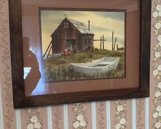Watercolor Painting of a Coastal Scene with a Boat and Barn 