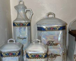 Vintage "Opalescent" Porcelain Kitchen Canister Set with Floral Gilt Accents 