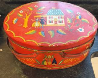 Vintage Decorative Tin Box with Folk Art Scene 