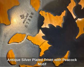 Antique Silver Plated Trivet with Peacock Motif 