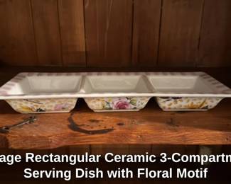 vintage rectangular ceramic 3 compartment serving dish with floral motif 
