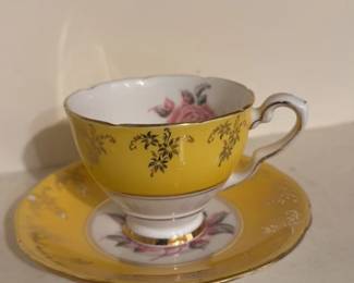 Vintage Yellow Teacup and Saucer with Pink Roses and Gold Trim
