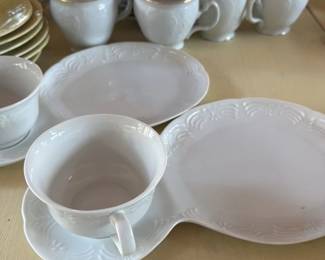 Vintage White Porcelain Demitasse Cups and Saucers with Attached Plates 