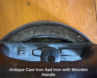 Antique Cast Iron Sad Iron with Wooden Handle 
