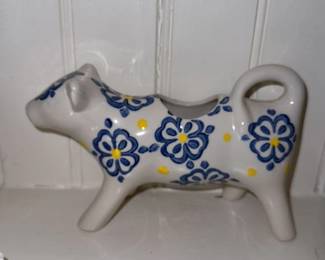 Ceramic Cow Figurine with Blue and Yellow Floral Pattern 