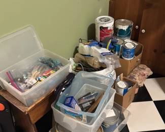 Assorted Cans of Paint and Wood Finish 