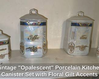 Vintage "Opalescent" Porcelain Kitchen Canister Set with Floral Gilt Accents 
