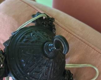 Antique Cast Iron Hanging Oil Lamp with Frosted Glass Shade 