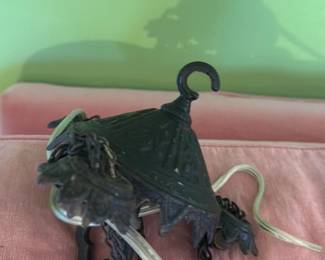 Antique Cast Iron Hanging Oil Lamp with Frosted Glass Shade 