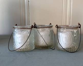 Vintage Embossed Glass Votive Candle Holders with Wire Handles 