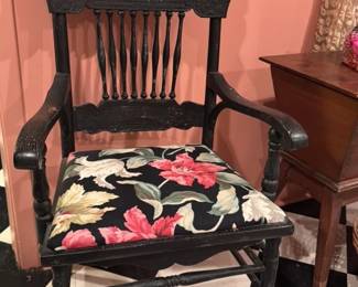 Antique Black Windsor Armchair with Floral Upholstery 