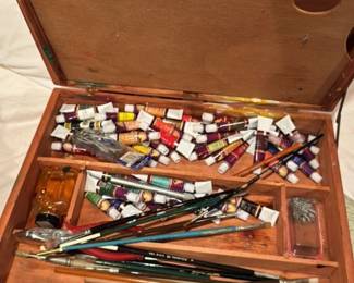 Vintage Artist's Wooden Art Box with Oil Paints and Brushes 