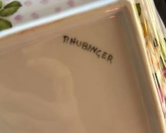 Hand-painted Porcelain Trinket Dish with Roses and Pink/Yellow Stripes