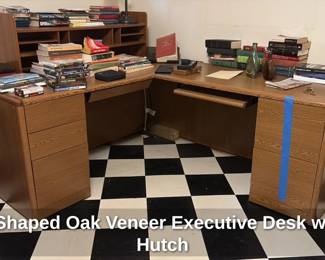 L-Shaped Oak Veneer Executive Desk with Hutch 