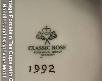 Vintage Porcelain Tea Cups with Gilt Handles and Grapevine Motif 