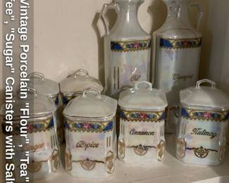 Vintage Porcelain "Flour" "Tea" "Coffee", "Sugar" Canisters with Salt Box 