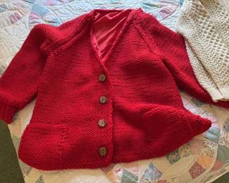 Hand Knitted Red Cardigan with Wooden Buttons 