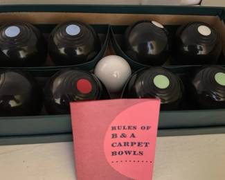 Set of Black Carpet Bowls with Colored Dots and Jack 