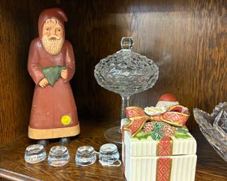 Christmas decor, salt cellars, fostoria covered candy dish. Holiday Trinket box