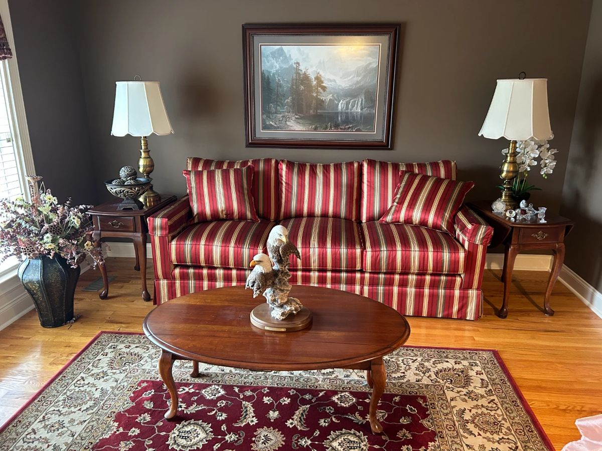 #1	Jetton Furniture Co. Taylorville NC - Burgangy, gold & Cream Sofa - 88" Long	 $125.00 			
#2	Wood Drop Side Oval Coffee Table - 45x15-29x17	 $75.00 			
