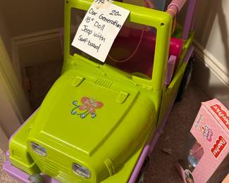 #142	Our generation 18 inch doll jeep with surf board  24.5x10x15 tall	 $20.00 			
