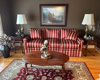 #1	Jetton Furniture Co. Taylorville NC - Burgangy, gold & Cream Sofa - 88" Long	 $125.00 			
#2	Wood Drop Side Oval Coffee Table - 45x15-29x17	 $75.00 			

