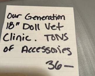 #149	Our generation 18 inch doll vet clinic lots of accessary	 $36.00 			
