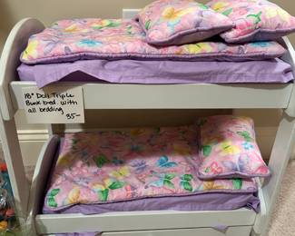 #145	18 in triple bunk bed with all bedding white 22x14x20	 $35.00 			
