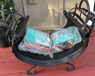 Vintage Wrought Iron and Leather Firewood Holder