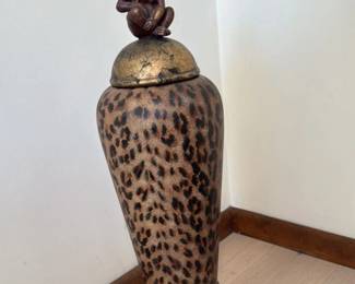 Leopard Print Urn with Monkey Finial