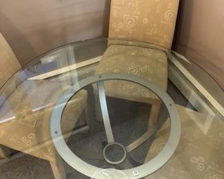 Round Glass Dining Table with Metal Base and Chairs