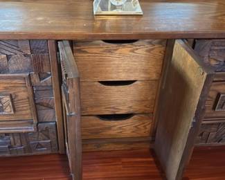 Mid Century Brutalist Wood Dresser with Mirror
