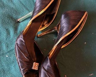 Women's Black Satin Peep Toe Heels with Gold Trim and Crystal Embellishments