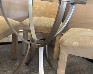 Round Glass Dining Table with Metal Base and Chairs