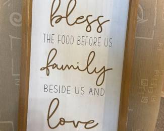 Bless the Food Before Us, Family Beside Us and Love Between Us framed wood sign
