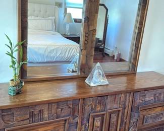 Mid Century Brutalist Wood Dresser with Mirror