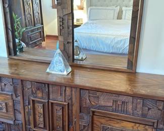 Mid Century Brutalist Wood Dresser with Mirror