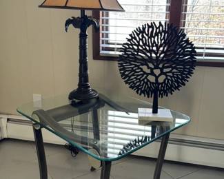Glass Top Accent Table with Decorative Tree Sculpture and Table Lamp