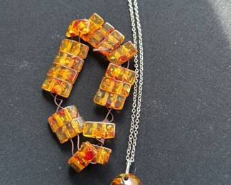 Amber Bead Necklace and Pendant Set