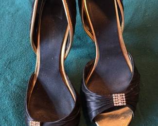 Women's Black Satin Peep Toe Heels with Gold Trim and Crystal Embellishments