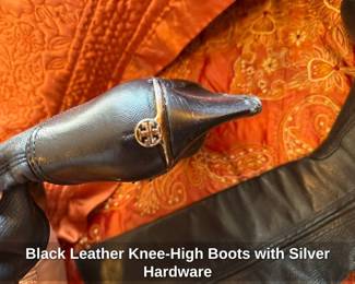 Black Leather Knee High Tory Burch Wedge Boots