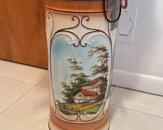 Vintage Ceramic Umbrella Stand with Pastoral Scene