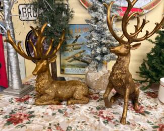 Set of 2 Large Gold Resin Deer figurines