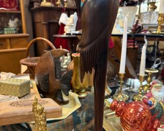 Hand carved wooden bird sculpture (heron, egret or similar wading bird in dark wood finish