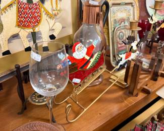 Santa candle holder, glassware, trivets, fabric napkins