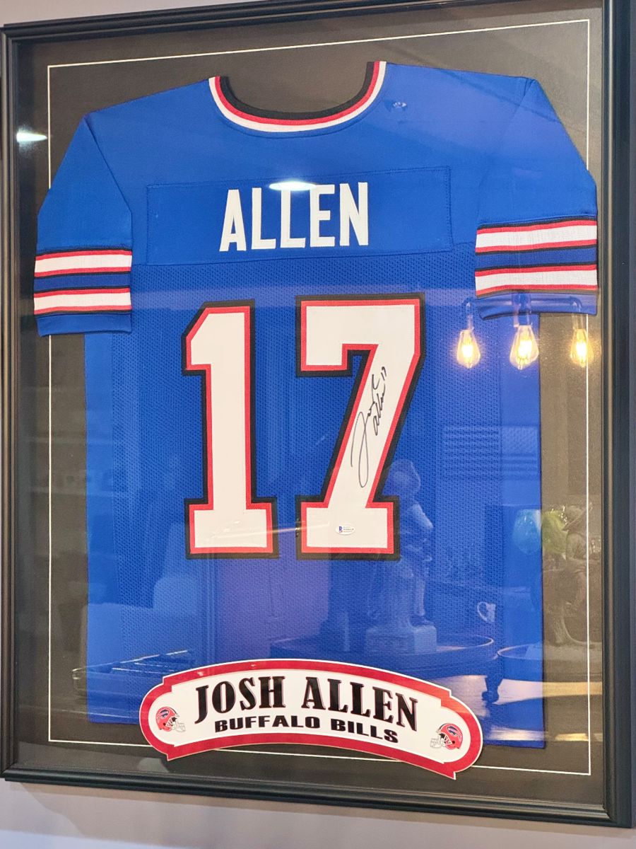 Autographed Josh Allen Buffalo Bills Jersey (Framed) Beautifully framed and matted official-style Buffalo Bills Jersey signed by quarterback Josh Allen #17